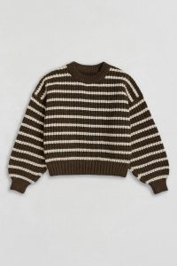 بافت راه راه زنانه یقه گرد قهوه ای