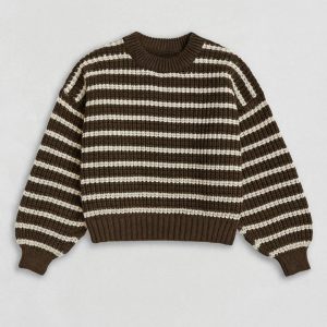 بافت راه راه زنانه یقه گرد قهوه ای