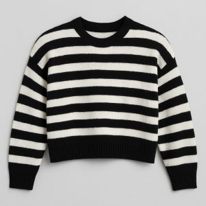 بافت راه راه زنانه مشکی یقه گرد