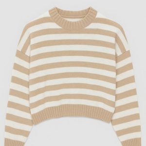 بافت راه راه زنانه یقه گرد نسکافه ای