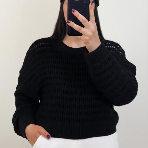 بافت زنبوری زنانه یقه گرد آستین بلند-رنگ مشکی