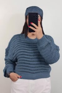 تنخور بافت زنبوری رنگ آبی خاکی زنانه